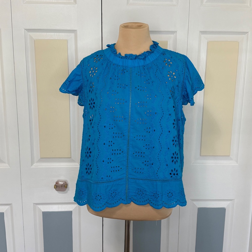 Jennifer Grace Womens Blue Cotton Eyelet Flutter Sleeve Button Back Top Large